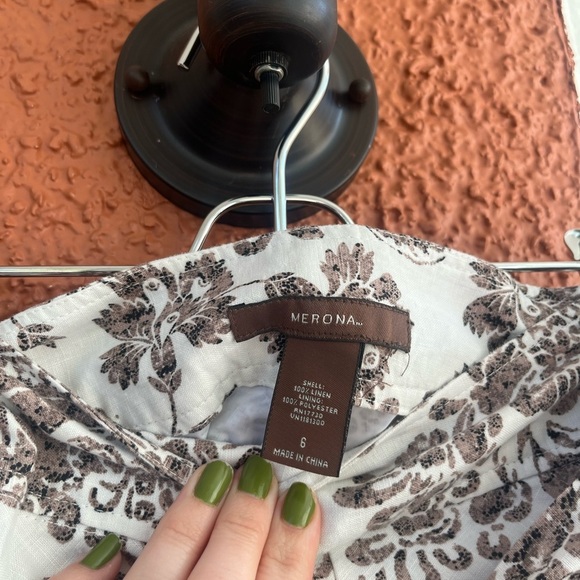 Merona Skirt Womens Size 6 White Brown Floral Print Swing 100% Linen w/ Lining - Picture 2 of 5